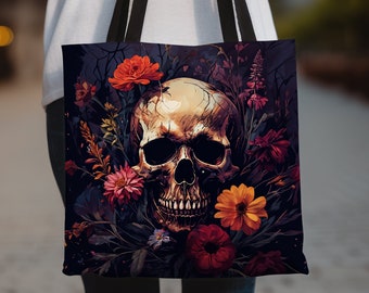 Tote Bag Dark Moody Skeleton Wildflower - Whimsigoth Goblincore Aesthetic Cottagecore Tote Bag - Gift for Her - Booklover Gift - Elder Emo