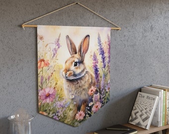 Fleur sauvage nature lapin Cottagecore, vue sur la nature couleurs naturelles décoration fleurs sauvages tapisserie art mural design bohème art mural chambre d'enfant