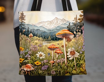 Borsa tote con funghi Wildflower - Natura Cottagecore Whimsigoth Estetica naturale in colori pastello tenui - Paesaggio con vista sulle montagne