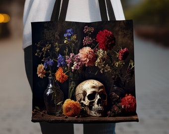 Tote Bag Dark Moody Skeleton Wildflower - Whimsigoth Goblincore Aesthetic Cottagecore Tote Bag