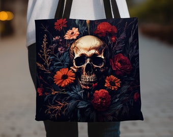 Tote Bag Dark Moody Skeleton Wildflower - Whimsigoth Goblincore Aesthetic Cottagecore Tote Bag - Gift for Her - Travel Bag - Booklover Gift