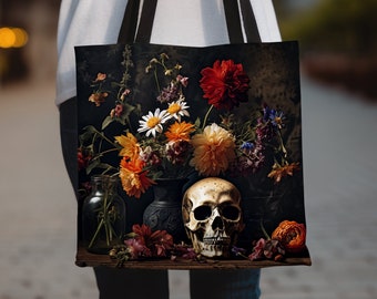 Tote Bag Dark Moody Skeleton Wildflower - Whimsigoth Goblincore Aesthetic Cottagecore Tote Bag - Gift For Her