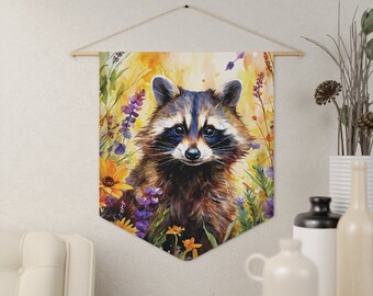 Nature Wildflower Raccoon Cottagecore Pennant Nature View Natural Colors Wildflower Decor Tapestry Wall Art Boho Design Nursery Wall Art