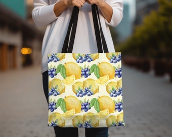 Lemon Blueberry Tote Bag - Farmers Market Shopping Bag - Citrus Berries Tuscan Summer Aesthetic - Gift for Her - Hostess Gift - Summer Tote