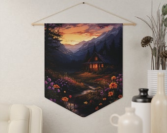 Cottagecore Pennant Outdoors Mountains Nature View Dark Moody Colors Wild Forest Decor Tapestry Wall Art Boho Design Cottage Vibes