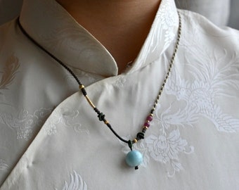 14mm Natural Larimar Necklace | Handcrafted Braided Cord Design | Healing Gemstone Jewelry for Calm & Serenity | 天然海纹石项链