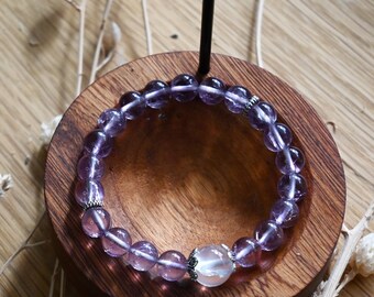 10mm Amethyst and 8mm Pink Azeztulite Bracelet | Healing Crystal Jewelry | Love & Intuition | 紫水晶粉阿塞能量手串