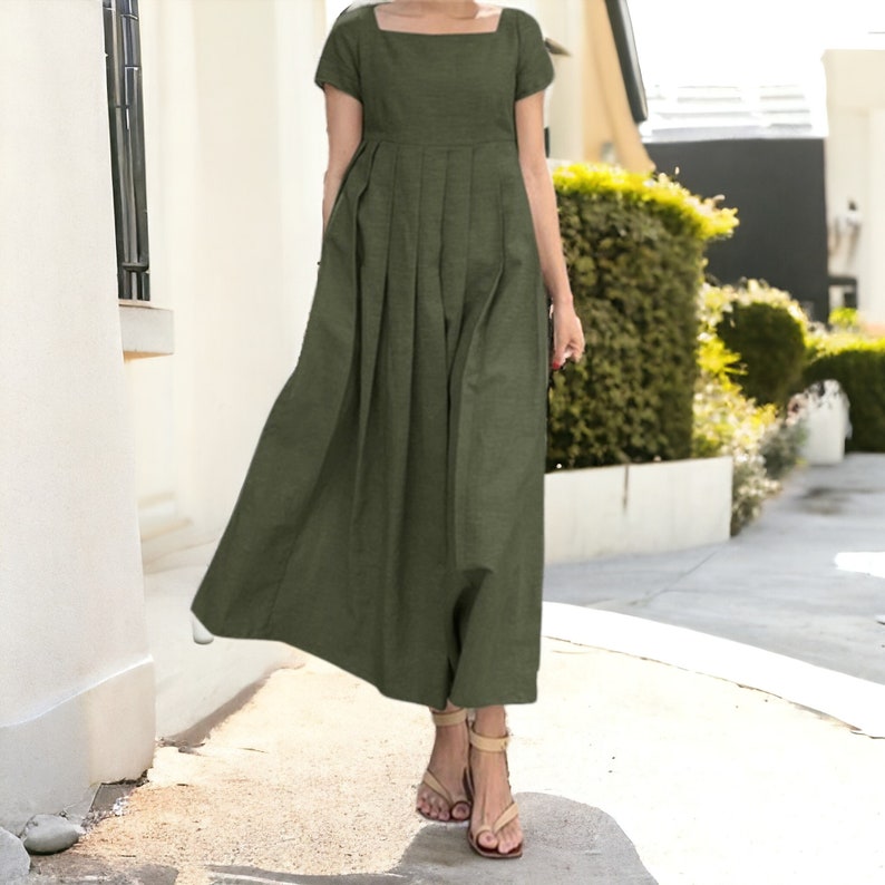 Lange zomer linnen jurk, Boho linnen jurk, Boho zomerjurk, linnen kleding voor vrouwen, linnen zonnejurk, lange rok katoenen jurk Groen