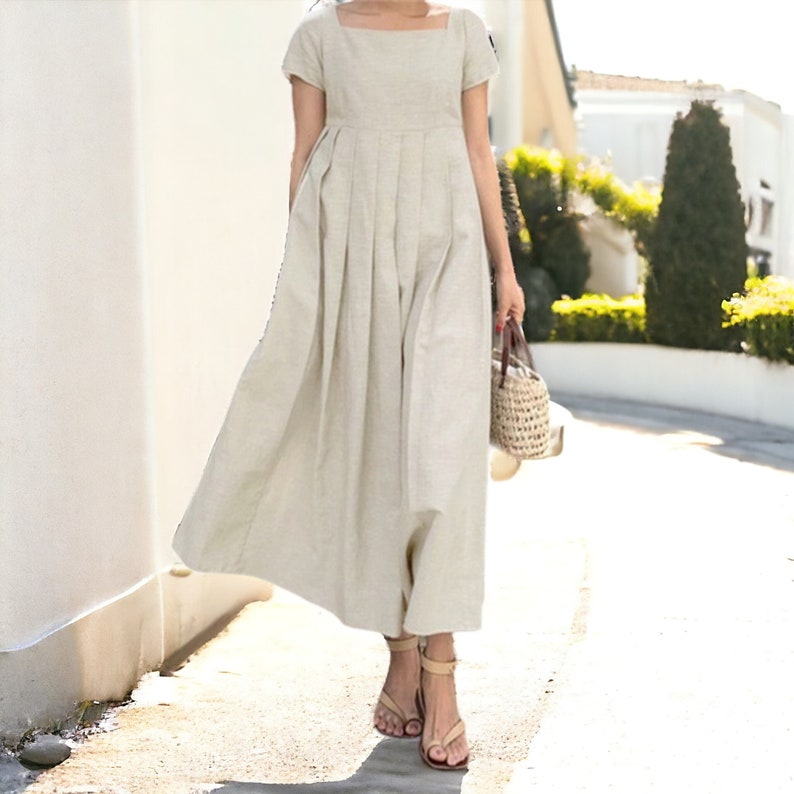 Robe d'été longue en lin, robe bohème en lin, robe d'été bohème, vêtements en lin pour femme, robe d'été en lin, robe longue en coton avec jupe Khaki