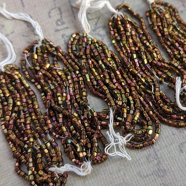 Vintage Copper Seed Beads, size 12/0 two cuts, Rainbow Metallic mini hanks, 10 strands, 4"