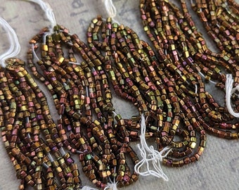 Vintage Copper Seed Beads, size 12/0 two cuts, Rainbow Metallic mini hanks, 10 strands, 4"