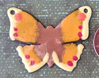 BUTTERFLY PENDANT, Enameled Yellow & Orange, Vintage Taiwan NIP