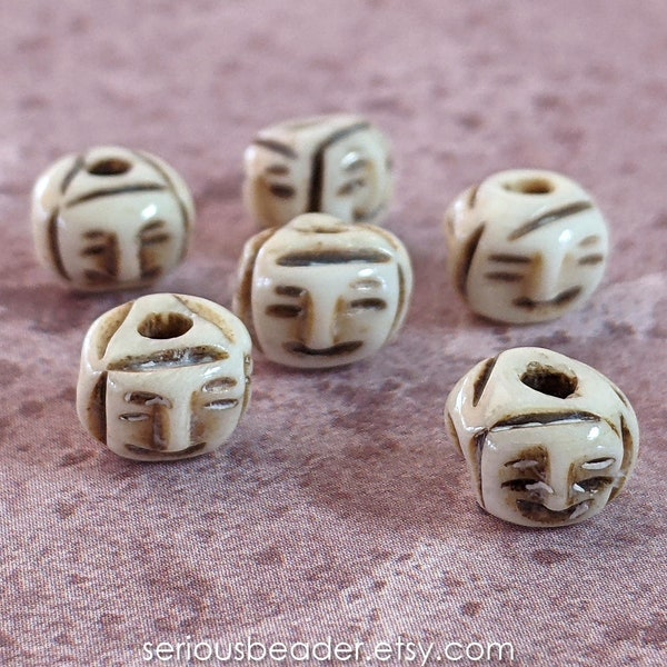 6 Tiny Carved Bone FACE BEADS, 6mm