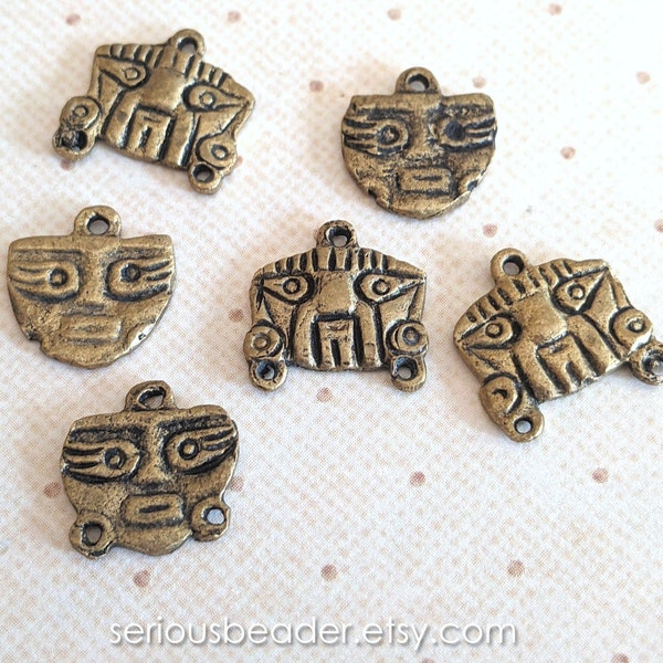 Tiny Vintage Inca Warrior Mask Charm, Brass, made in Peru (2 styles, pairs or singles)