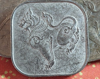 Vintage Burmese Lion Coin Button, Square Coin with Soldered Shank