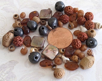 60+ Tiny Beads, Natural Mix -- Shell, Shiva Beads, Carved Wood