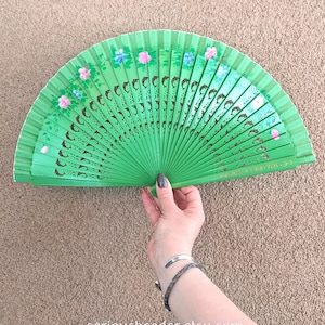 Vintage LIGHT GREEN Folding Fan, Hand Painted, Guayabitos, Mexico, dolphin cutouts