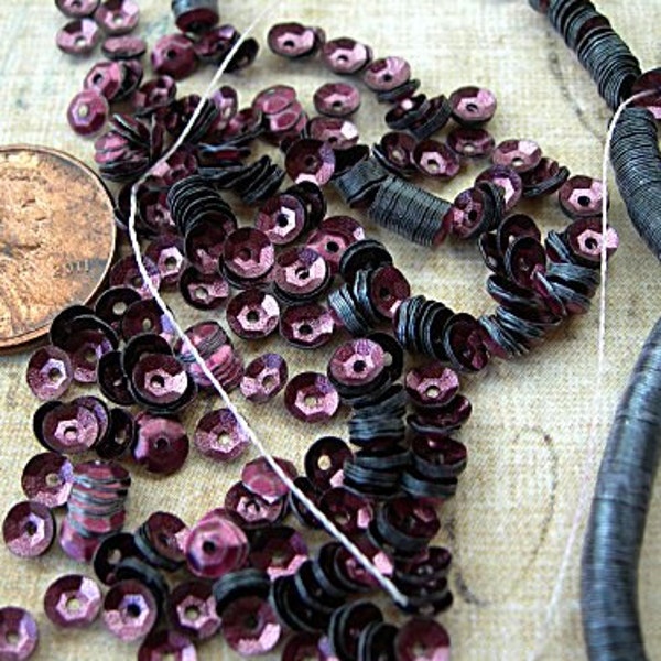 4mm DARK PURPLE Sequins cupped, full strand, vintage French sequins