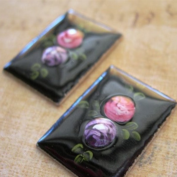 2 Vintage Cabochons, Pink Roses, Guilloche, Western Germany