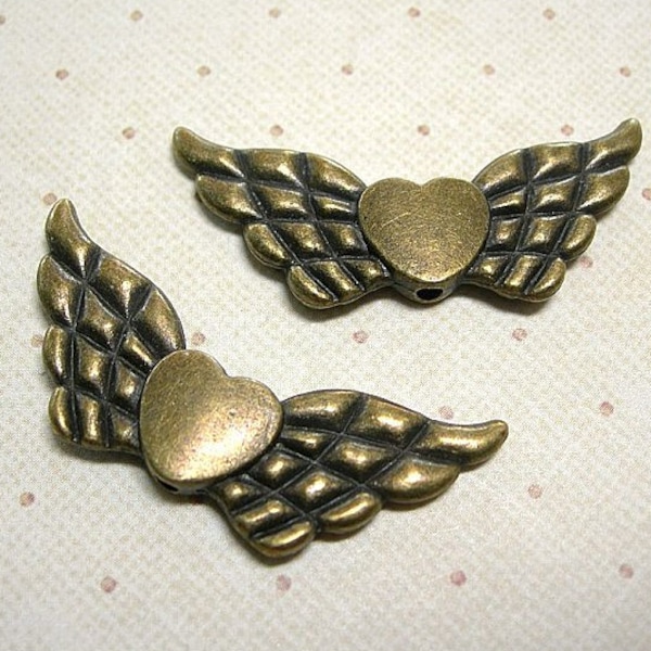 2 Angel Wing Heart Beads, Antique Bronze, VERY LARGE 42mm x 18mm