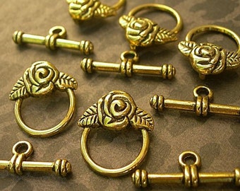 5 Gold Toggle Clasps ROSES and LEAVES 7/8" (10 pieces)