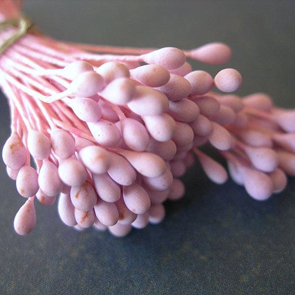 36 Vintage 2" Millinery Stamens double tipped DUSTY PINK on PINK Petite Floral Pips