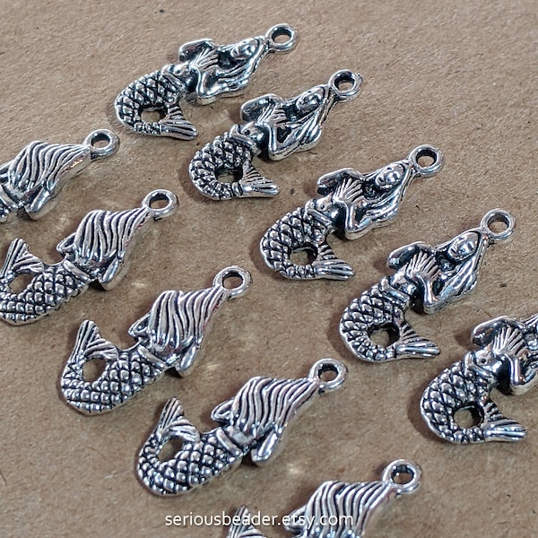 10 Small Silver Mermaid Charms, 22mm