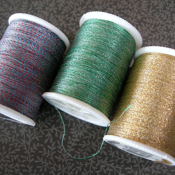Metallic Sewing Thread 3 spools Coats & Clark Germany Gold Purple and Green