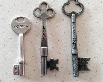 Decorative Skeleton Key Pendant -  Fossil, Love / Faith, Ephesians 6:19