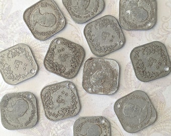 12 Drilled Burmese Coin Charms, Silver Squares / Diamonds, 3/4"