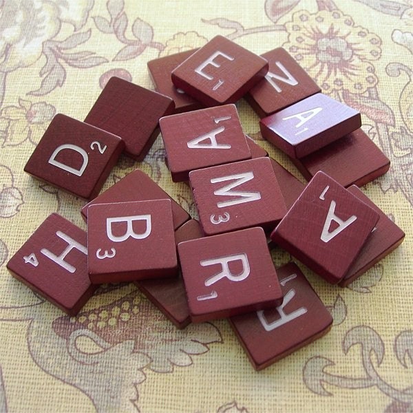 30 DARK RED Wooden Scrabble Tiles lot of, secondhand, for crafting