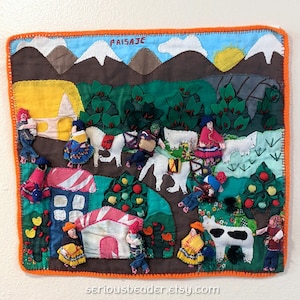 Arpillera - Peru Village Scene, 3D Embroidered Wall Hanging, Vintage Folk Art