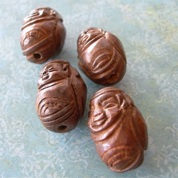 Carved Wood Good Luck Buddha Beads large focals lot of 4 NATURAL ELEMENTS