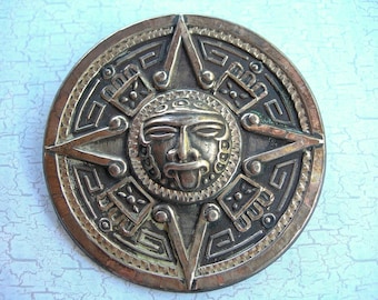 AZTEC SUN STONE Convertible Brooch, Vintage Mexico, pendant or pin, .925 silver, hallmarked