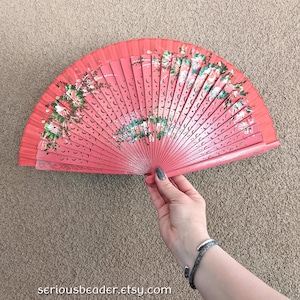 Vintage Spanish Folding Fan, Hand Painted Wood & Fabric, PINK FLORAL Design