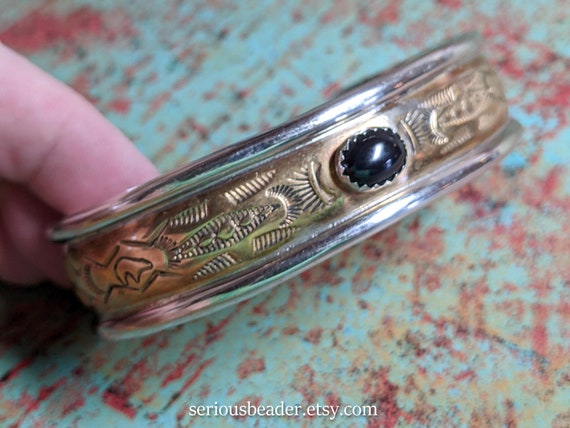 Sterling Silver Cuff Bracelet with Brass, Black O… - image 2