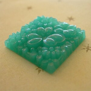 Vintage Faux Carved Green Jade Square Glass Cabochon, Floral, Japan