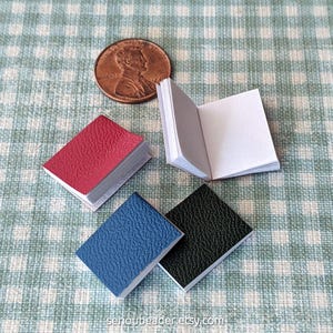 May include: Miniature books in red, blue, and black with textured covers, alongside an open book and a penny for scale. The books have white pages and are arranged on a green and white checkered surface.