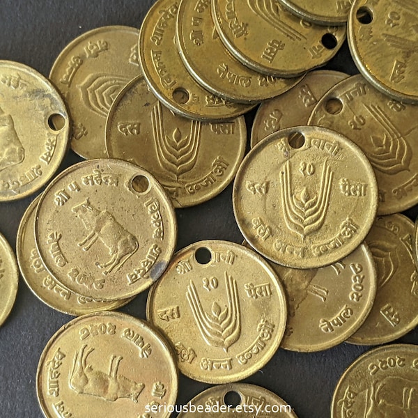 Drilled Coin Charm, vintage Nepal Paisa, brass-gold