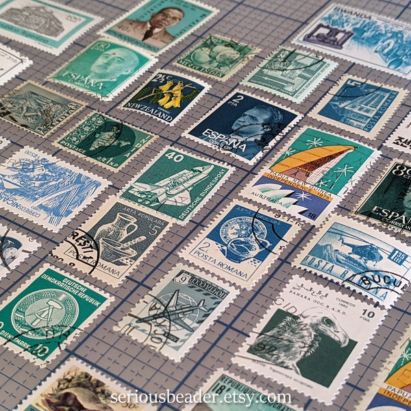 35 Vintage Postage Stamps TEAL BLUE & JADE for Journaling, Collage