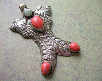 Tibetan Coin Silver Pendant, HARMONIOUS ANIMALS, Repoussé, Coral & Turquoise Cabs, free shipping