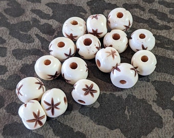 16 Carved Bone Beads 6mm x 8mm round, Antiqued with Star