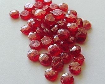 48 Vintage Red Beads, Glass Nailheads Sew-ons, 6mm faceted transparent