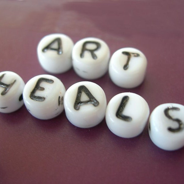 28 White Glass Alphabet Beads, Black Letters, spells Art Heals Soul Fly Dream Love Sing