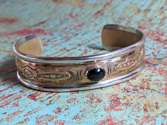 Sterling Silver Cuff Bracelet with Brass, Black O… - image 6