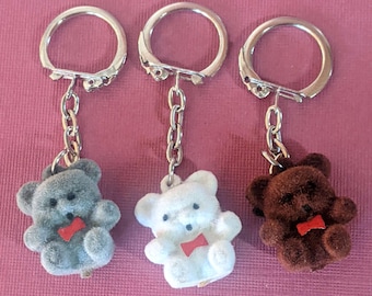 3 Vintage Mini Flocked Teddy Bear Keychains, mixed colors, new in package