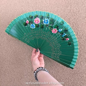 Vintage Spanish Folding Fan, Hand Painted Wood and Fabric, GREEN FLORAL Design