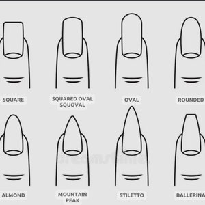 Puede incluir: Un diagrama que muestra diez formas de uñas diferentes: cuadrada, squoval, ovalada, redondeada, almendrada, pico de montaña, stiletto, bailarina, ataúd y labio.