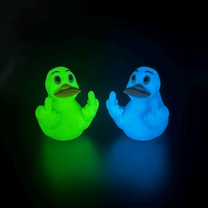 May include: Two rubber ducks, one glowing neon green and the other glowing bright blue, each featuring a dark beak and eyes. Both ducks are positioned with their wings raised to display a middle finger gesture, set against a solid black background.