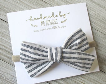 Striped Linen Baby Bow, Linen Headband for Baby, LInen Baby Bow